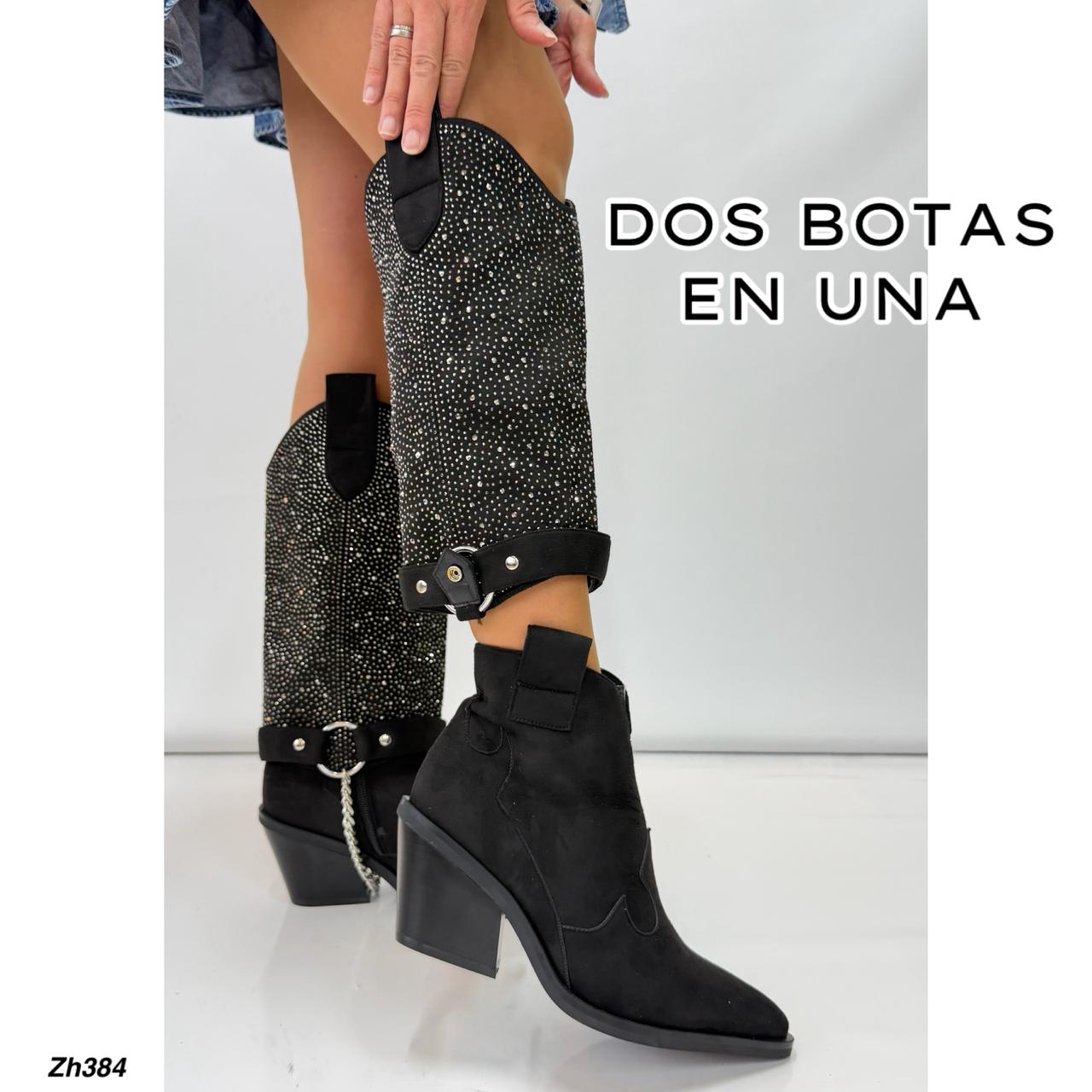 Bota texana negro doblez apliques brillantes hebilla y cadena plateado tacon 8cm HX3213-C1343